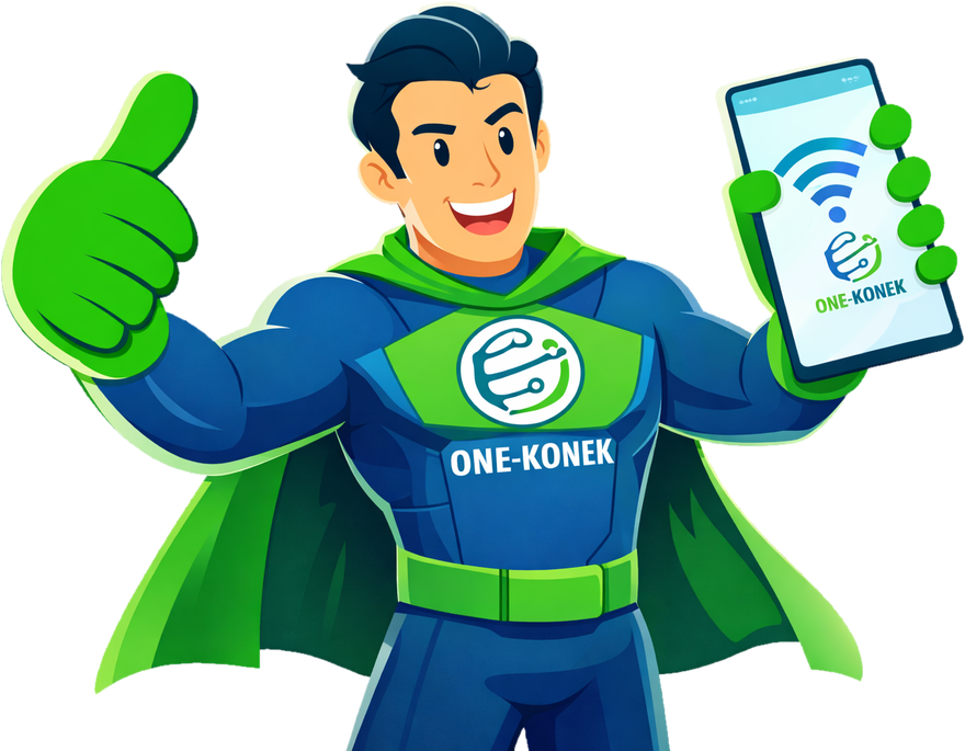 A cartoon technician giving a thumbs up and holding a phone with a WiFi app